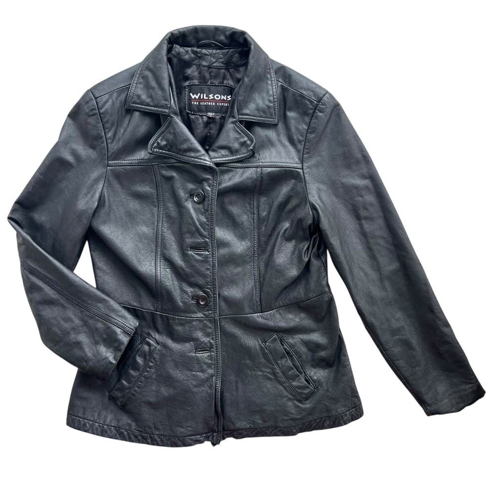 Wilsons The Leather Experts Women's L Black Genuine Leather Button Blazer Jacket